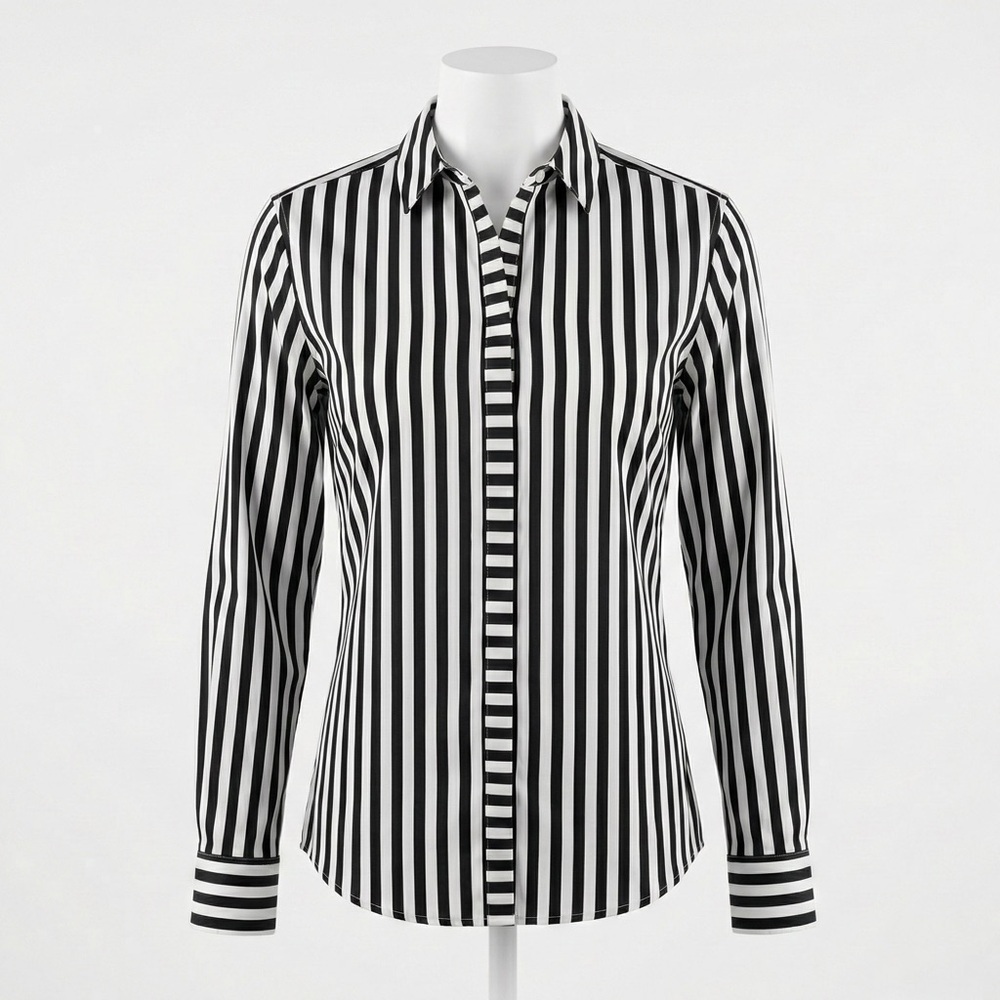 Foxcroft Non Iron Shirt Size 16 Shaped Black White Stripe Button Down Office